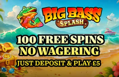 Gala Bingo Big Bass Splash game banner 100 Free Spins, No Wagering. Just Deposit and play £5